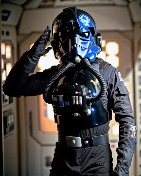 man in tiepilot suit is ((saluting)) <lora:Tiepilotv02:0.8>,((in star wars base)), RAW photo, 8k uhd, dslr, soft lighting, high quality, film grain, Fujifilm XT3