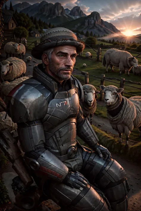 A traditional portrait of a smiling AS-Elderly old male shepherd with grey hair and wrinkles, (surrounded by a flock of fluffy sheep), sitting on a lush grassy hill, wearing scifi n7armor, wearing a wide-brimmed straw hat, grass, dirt, dust, mud, old wooden fence, rustic, fcPortrait, highres, high resolution, sharp, detailed, sun rays, dawn, mist, distant mountains,
<lora:LowRA:0.2> <lora:add_detail:0.2> <lora:n7armor:0.8>