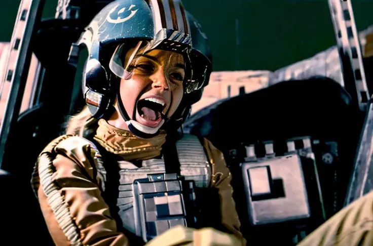 (cockpit view),blond woman, screaming<lora:rebelpilotsuitv02:1> ,(straight on:1.3),helmet on, googles on,(rebel pilot suit:0.7),RAW photo,8k uhd, dslr, soft lighting, high quality, film grain, Fujifilm XT3