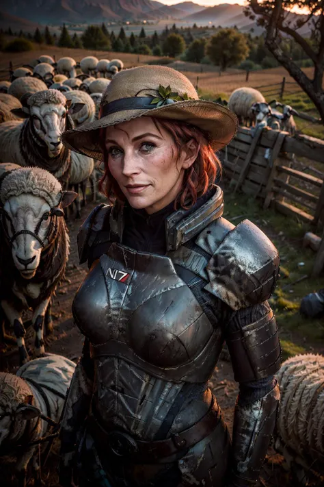 A traditional portrait of a smiling AS-Elderly old female shepherd with [grey|red] bob hair, (surrounded by a flock of sheep), sitting on a lush grassy hill, wearing scifi n7armor, wearing a wide-brimmed straw hat, wrinkles, dirt, dust, mud, old wooden fence, old wooden shed, rustic, fcPortrait, highres, high resolution, sharp, detailed, sun rays, dawn, mist, distant mountains,
<lora:LowRA:0.1> <lora:add_detail:0.3> <lora:n7armor:0.8>