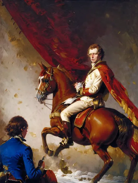 Classical masterpiece oil painting ((Napoleon Crossing The Alps)), featuring side profile of napoleondynamite man on a rearing horse, looking back, dressed as Napoleon Boneparte, wearing white French imperial military uniform with red trim, paleblue pants, billowing red sash wrapping around him, French Imperial Army soldiers in the background.
<lora:Napoleon Dynamite:1> <lora:bichu-v0612:0.4>