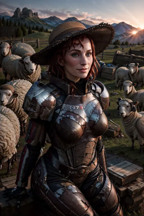 A traditional portrait of a smiling AS-Elderly old female shepherd with [red|grey] hair and wrinkles, (surrounded by a flock of fluffy sheep), sitting on a lush grassy hill, wearing scifi n7armor, wearing a wide-brimmed straw hat, grass, dirt, dust, mud, old wooden fence, rustic, fcPortrait, highres, high resolution, sharp, detailed, sun rays, dawn, mist, distant mountains,
<lora:LowRA:0.2> <lora:add_detail:0.2> <lora:n7armor:0.8>