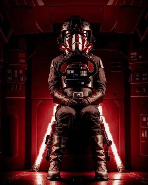 man in tiepilot suit is ((sitting)) <lora:Tiepilotv02:0.8>,((in star wars base)), RAW photo, 8k uhd, dslr, soft lighting, high quality, film grain, Fujifilm XT3