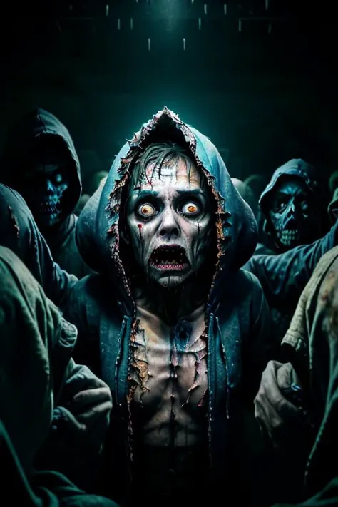 <lora:LoraHorrorS4w3d0ff_v10:0.8>,dark moody, strong depth of field, photo of many zombies ,crowd of zombies, some of in hoodie, bloody clothes, on a rainy night,some of wearing ripped torn clothes, dirty, walking towards to viewer slowly, fearexpression, wet, bloody,
finely detailed skin,photorealistic, best quality, realistic, high_quality, hyper_detail <lora:fearExpression_v10:1.6>