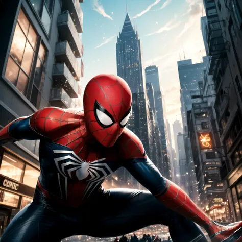 ((best quality)), ((masterpiece)), Spider-Man in a bustling city, epic pose (Spider-Man:1.3), (Cityscape backdrop:1.2), (Epic composure:1.2), (Intricate details:1.1), (Captivating urban environment:1.1), (Dynamic motion:1.1), (Heroic determination:1.1), (Thrilling adventure:1.1), (High-impact visuals:1.1), (Iconic superhero presence:1.1)