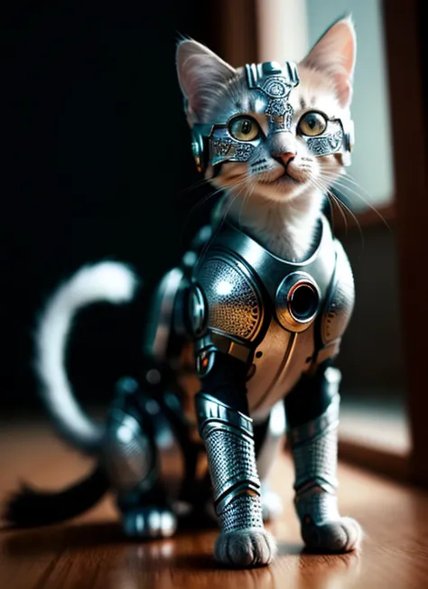 a cute kitten made out of metal, (cyborg:1.1), ([tail | detailed wire]:1.3), (intricate details), hdr, (intricate details, hyperdetailed:1.2), cinematic shot, vignette, centered
 <lora:epiNoiseoffset_v2:1>
