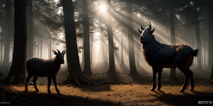 black goat in a dark eerie forest, fantasy and fog, sun beam coming through tree, photorealistic, photo, masterpiece, realistic, realism, photorealism, high contrast, photorealistic digital art trending on Artstation 8k HD high definition detailed realistic, detailed, skin texture, hyper detailed, realistic skin texture, armature, best quality, ultra high res, (photorealistic:1.4),, high resolution, detailed, raw photo, sharp re, by lee jeffries nikon d850 film stock photograph 4 kodak portra 400 camera f1.6 lens rich colors hyper realistic lifelike texture dramatic lighting unrealengine trending on artstation cinestill 800,