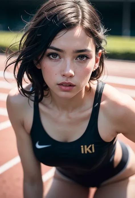 beautiful mature college girl, in track outfit, outside on track field, ((slim, petite)), photorealistic, photo, masterpiece, realistic, realism, photorealism, high contrast, photorealistic digital art trending on Artstation 8k HD high definition detailed realistic, detailed, skin texture, hyper detailed, realistic skin texture, armature, best quality, ultra high res, (photorealistic:1.4),, high resolution, detailed, raw photo, sharp re, by lee jeffries nikon d850 film stock photograph 4 kodak portra 400 camera f1.6 lens rich colors hyper realistic lifelike texture dramatic lighting unrealengine trending on artstation cinestill 800,