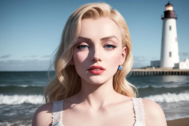 half body (photo) of debutante|bridal|goth (Veronica Lake)|(Elle Fanning:.5)|(Marilyn Monroe:1.1) , (fine freckles:.4), pale skin, (glowing blue eyes),walking on Brighton beach, lighthouse, pier, mid day, dramatic lighting, (shallow depth of field), photorealistic digital art trending on Artstation , 8k HD high definition detailed realistic, detailed, skin texture, hyper detailed, realistic skin texture, armature, best quality, ultra high res, (photorealistic:1.4),