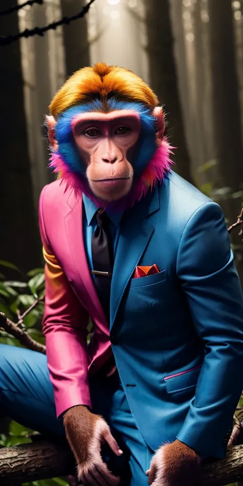 (((monkey ((in colorful suit)) sitting on tree branch, dark mysterious forest, dramatic lighting, dark photo, night))),, best quality, ultra high res, (photorealistic:1.4),, high resolution, detailed, raw photo, sharp re, by lee jeffries nikon d850 film stock photograph 4 kodak portra 400 camera f1.6 lens rich colors hyper realistic lifelike texture dramatic lighting unrealengine trending on artstation cinestill 800,, photorealistic, photo, masterpiece, realistic, realism, photorealism, high contrast, photorealistic digital art trending on Artstation 8k HD high definition detailed realistic, detailed, skin texture, hyper detailed, realistic skin texture, armature, ((HD, clear, sharp, in focus)), (((national geographic)))