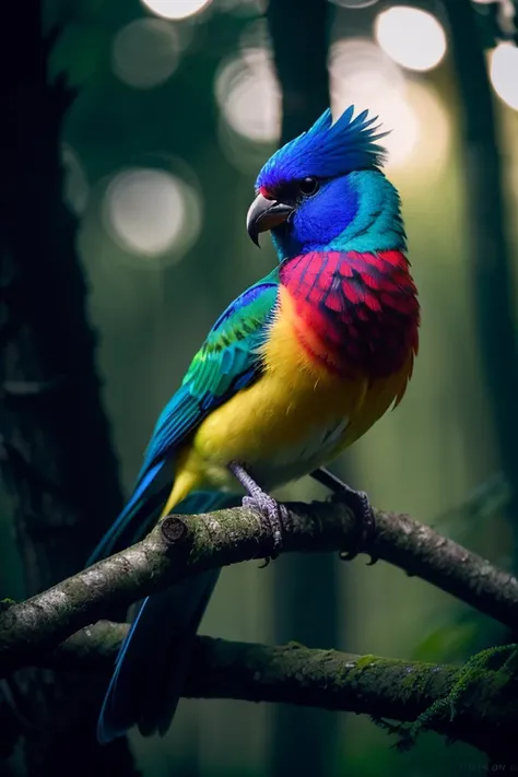 (((colorful bird sitting on a branch, dark mysterious forest, dramatic lighting, dark photo, night))),, best quality, ultra high res, (photorealistic:1.4),, high resolution, detailed, raw photo, sharp re, by lee jeffries nikon d850 film stock photograph 4 kodak portra 400 camera f1.6 lens rich colors hyper realistic lifelike texture dramatic lighting unrealengine trending on artstation cinestill 800,, photorealistic, photo, masterpiece, realistic, realism, photorealism, high contrast, photorealistic digital art trending on Artstation 8k HD high definition detailed realistic, detailed, skin texture, hyper detailed, realistic skin texture, armature