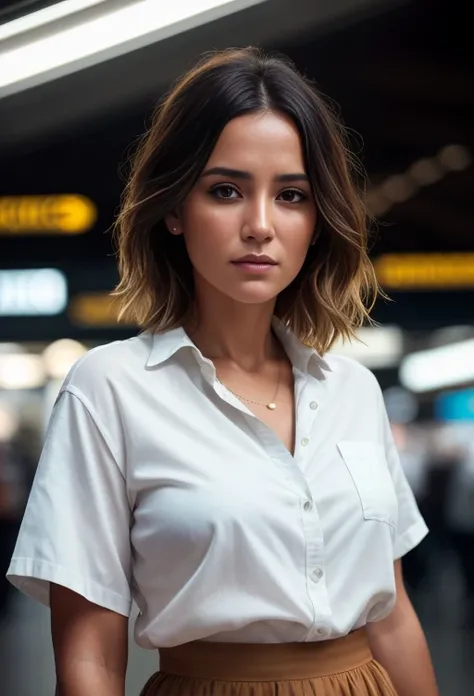 half body photo, Caucasian woman at train station, makeup, Kodak Ultra Max, 85mm, white shirt, brown skirt,, photorealistic, photo, masterpiece, realistic, realism, photorealism, high contrast, photorealistic digital art trending on Artstation 8k HD high definition detailed realistic, detailed, skin texture, hyper detailed, realistic skin texture, armature, best quality, ultra high res, (photorealistic:1.4),, high resolution, detailed, raw photo, sharp re, by lee jeffries nikon d850 film stock photograph 4 kodak portra 400 camera f1.6 lens rich colors hyper realistic lifelike texture dramatic lighting unrealengine trending on artstation cinestill 800,
