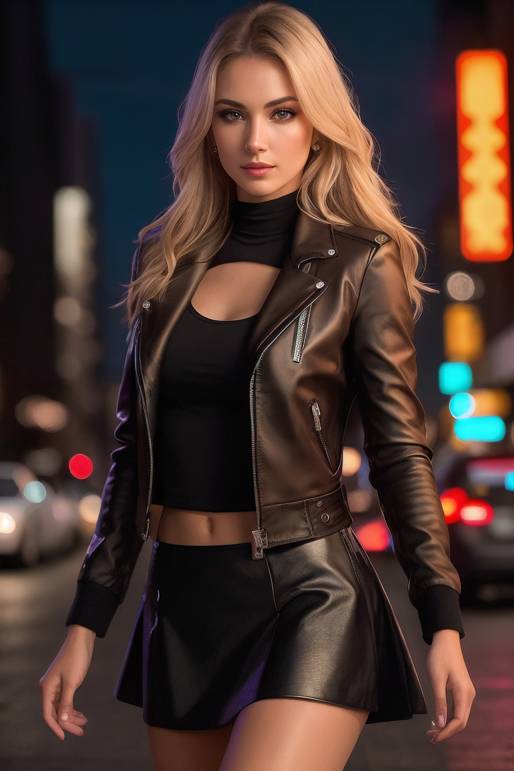A woman in a black top and leather skirt standing on a street - SeaArt AI