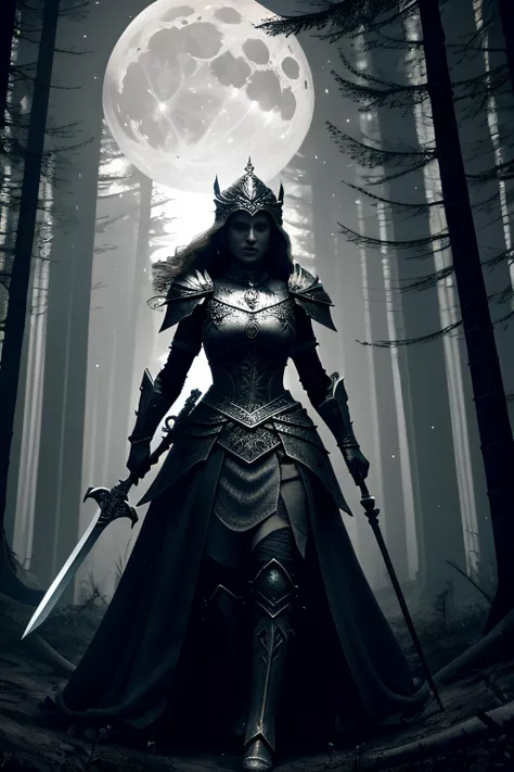 The warrior is wearing a full suit of armor, wielding a sword and shield. The princess is wearing a flowing gown, carrying a dagger. The skeletons are all around them, reaching out with their bony hands. The warrior and princess are fighting bravely, but they are outnumbered. The forest is dark and foreboding, the only light coming from the moon and stars. The warrior and princess are determined to escape, but they know that the skeletons will not give up easily. The image should be highly detailed, with realistic textures and lighting. The warrior and princess should be the focus of the image, but the skeletons should also be visible. The forest should be dark and atmospheric, creating a sense of danger and suspense.