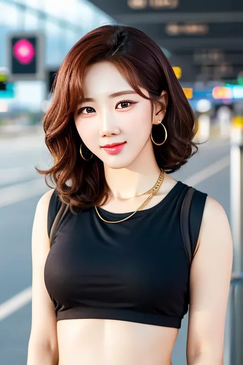 8K, (best quality:1.2), (masterpiece:1.37), (photo, photorealistic:1.37), (ultra high-res), super realistic,ambient  light,ray tracing,sunlight
detailed background, outdoors,airport,
1girl,solo,close-up,smile
(facing to camera):1.2,looking at camera,
black sports wear,black crop top,
brown short hair,
necklace,hoop earrings,
a photo of kimyoohyeon, <lora:Yoohyeon_V2:1>