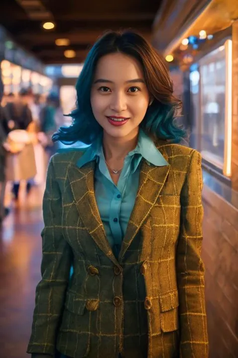 (masterpiece, realistic:1.4), (extremely intricate:1.2)>, portrait of (viorlora), (black short hair), looking at viewer, (1girl eyes looking at viewer:1.6), happy, (happy512), photorealistic, (bokeh), ((Chic_tweed_blazer:1.5),(Cigarette_trousers:1.4),(Pointed-toe_pumps:1.3),(Modern_diner_background:1.4)), night view, at night, japanese city tokyo, (Quiet Study Area: A designated study area provides a serene environment for students and professionals seeking a peaceful place to work or study. The area is equipped with individual study desks, ample power outlets, and fast Wi-Fi, allowing guests to focus and be productive.), (blurry_light_background), beautiful studio soft light, rim light, volumetric light, vibrant details, intricate, elegant, highly detailed, 8k, exposure blend, medium shot, bokeh, (hdr:1.4), high contrast, (cinematic, teal and orange:0.85), (muted colors, dim colors, soothing tones:1.3), low saturation, (hyperdetailed:1.2), (noir:0.4), professional colorgraded, photo by Senayt Samuel , taken with Nikon Z6 II Mirrorless Camera, <lora:viorlora:0.8> <lora:BlurryLight_v1:0.5>