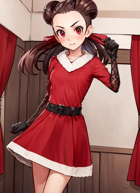 ((best quality)), ((highly detailed)), absurdres, detailed face, beautiful face, (detailed eyes, deep eyes), (1girl), Forced Perspective, dynamic pose, <lora:Roxanne:.8>, roxanne, brown hair, red eyes, medium breasts, <lora:SANTADRESS:.7>, sntdrs, red santa dress, fur trim, belt, santa hat, gloves, knee boots, black footwear, maxidress, <lora:EraseGroinSkirt:1>, (inside, at a living room)