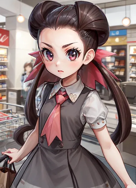 NSFW,masterpiece,Highest quality,High resolution,Super detailed,marnie_\(pokemon\),Aqua Eye, Black Choker, Red ribbon, Pink Dress, jewelry, Black jacket, Open clothes, Long sleeve,Small breasts,blush,(Pokémon Center)
