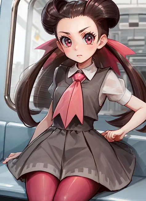 ((best quality)), ((highly detailed)), absurdres, extremely detailed face, beautiful face, (detailed eyes, deep eyes), (1girl), laying down, <lora:hairdetailer:.9>, <lora:Roxanne:.8>, roxanne, brown hair, red eyes, small breasts, grey dress, collared shirt, short sleeves, puffy sleeves, pink ascot, pink pantyhose, (indoors, in a train)