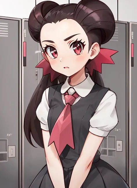 ((best quality)), ((highly detailed)), masterpiece, absurdres, (detailed eyes, deep eyes), (1girl), upper body, <lora:Roxanne:.8>, roxanne, brown hair, red eyes, small breasts, grey dress, collared shirt, short sleeves, puffy sleeves, pink ascot, pink pantyhose, (indoors, at a locker room, metal lockers, tile floor)