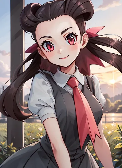 ((best quality)), ((highly detailed)), absurdres, (detailed eyes, deep eyes), (1girl), dynamic pose, upper body, <lora:Roxanne:.8>, roxanne, brown hair, red eyes, medium breasts, smiling, grey dress, collared shirt, short sleeves, puffy sleeves, pink ascot, pink pantyhose, (outdoors, in a field, dawn, sunrise)