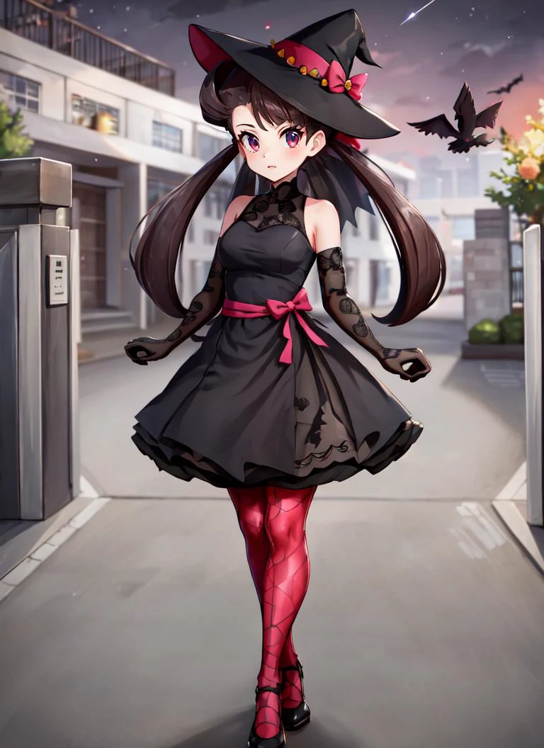 ((best quality)), ((highly detailed)), absurdres, (detailed eyes, deep eyes), <lora:more_details:.2>, (1girl), full body, <lora:Roxanne:.8>, roxanne, brown hair, red eyes, medium breasts, halloween, witch hat, black dress, sleeveless, tattered dress, elbow gloves, pink pantyhose, black high heels, (outdoors, <lora:school_outdoors_v0.2:1>, at a school, building, gate, fence, dusk, shooting star)