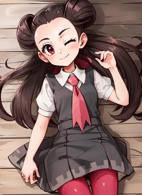 ((best quality)), ((highly detailed)), masterpiece, absurdres, (detailed eyes, deep eyes), (1girl), sleeping, lying, on back, eyes closed, <lora:Roxanne:.8>, roxanne, brown hair, red eyes, small breasts, smiling, grey dress, collared shirt, short sleeves, puffy sleeves, pink ascot, pink pantyhose, (outside, at a village, noon)