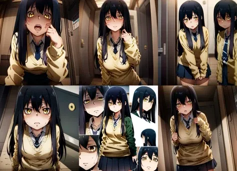 <lora:mieruko_4-000014:1.0>(mieruko:1.3), 1girl, manga, standing, scared, fear, sweat drips, yellow sweater, black tie, school uniform, yellow detailed eyes, long black hair, big eyes, (open mouth:0.1), detailed pupils, hdr shadows, dark spirits , horror background, shadow monsters, creepy monsters, colored