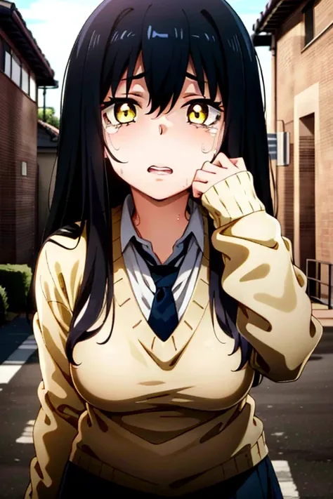 (mieruko:1.3), a photo of 1girl, standing, scared, tears, sweat drips, yellow sweater, black tie, school uniform,  yellow detailed eyes, long black hair, big eyes, (open mouth:0.1), detailed pupils, hdr shadows<lora:mieruko_4-000014:1.0>, dark spirits , horror background, shadow monsters, creepy monsters,