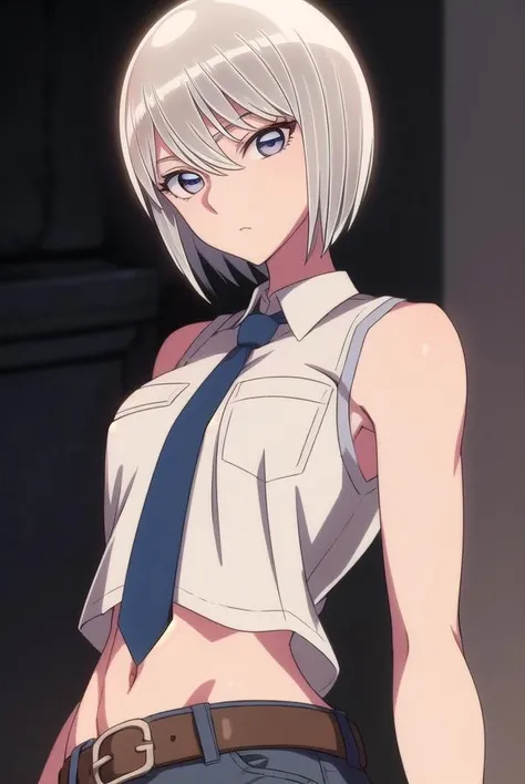 eleonore, <lora:eleonore-lora-nochekaiser:1>,
eleonore, short hair, white hair, (white eyes:1.5),
BREAK bare shoulders, sleeveless, belt, pants, crop top, denim, jeans, necktie, collared shirt,
BREAK looking at viewer,
BREAK indoors,
BREAK <lora:GoodHands-vanilla:1>, (masterpiece:1.2), best quality, high resolution, unity 8k wallpaper, (illustration:0.8), (beautiful detailed eyes:1.6), extremely detailed face, perfect lighting, extremely detailed CG, (perfect hands, perfect anatomy),