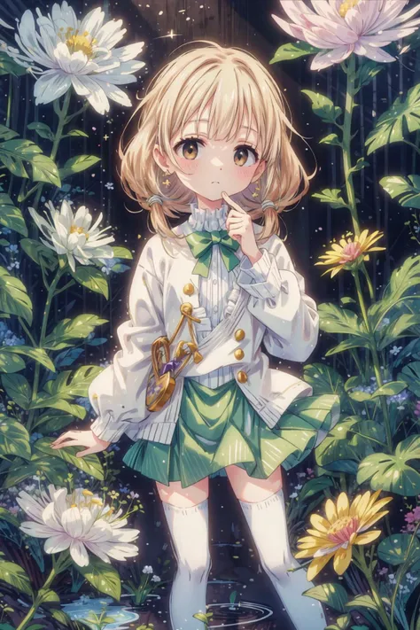 anzu, White wool outfit, Green tights, with flowers, Hand on chin pose, wearing off the clothes, doodle <lora:anzu-idolmaster:0.6> <lora:beauty_eyes:0.7> <lora:add_detail:0.8> <lora:epi_noiseoffset2:0.5> <lora:TUYA5:1>