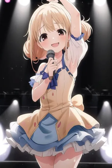 masterpiece, best quality, absurdres, ultra detail,<lora:GoodHands-vanilla:0.8> <lora:anmnr01:0.3> <lora:add_detail:0.5>, 1girl,petite, <lora:anzu-idolmaster:0.7>,hutaba anzu,smile,stylish pose,stage,spotlight,light effect,sweat,singing,stylish angle