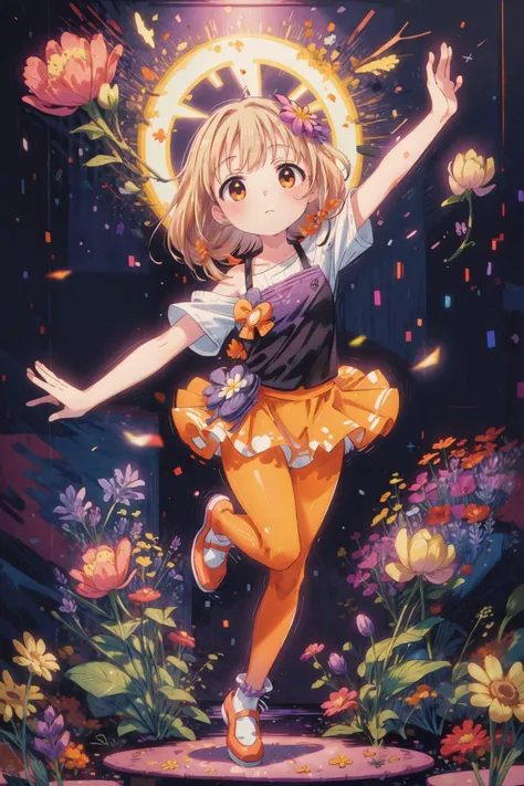 anzu, Orange techno outfit, Lavender tights, with flowers, Shoulder forward pose, dancing, doodle <lora:anzu-idolmaster:0.6> <lora:beauty_eyes:0.7> <lora:add_detail:0.8> <lora:epi_noiseoffset2:0.5> <lora:TUYA5:1>