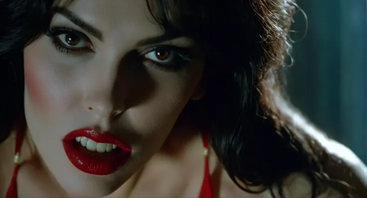 cinematic film still of Cinematic Film stock footage in (arri alexa style) Kodak film print, <lora:vampirella:1> Vampirella a fictional naked vampire super-heroine horror comics magazine Vampire Creepy and Eerie, shallow depth of field, vignette, highly detailed, high budget, bokeh, cinemascope, moody, epic, gorgeous, film grain, grainy