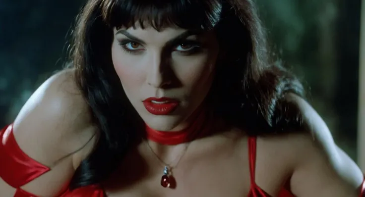 cinematic film still of Cinematic Film stock footage in (arri alexa style) Kodak film print, <lora:vampirella:1> Vampirella a fictional vampire super-heroine horror comics magazine Vampire Creepy and Eerie, shallow depth of field, vignette, highly detailed, high budget, bokeh, cinemascope, moody, epic, gorgeous, film grain, grainy