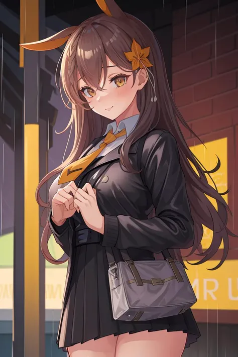 a girl in a dark jacket and handbag on the street,Autumn rain outside,upper body,<lora:Chikuma:0.6>,