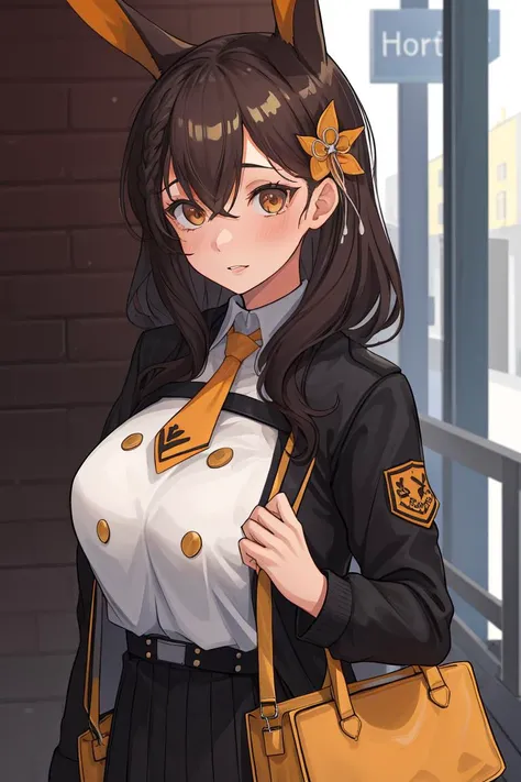 a girl in a dark jacket and handbag on the street,upper body,<lora:Chikuma:0.6>,