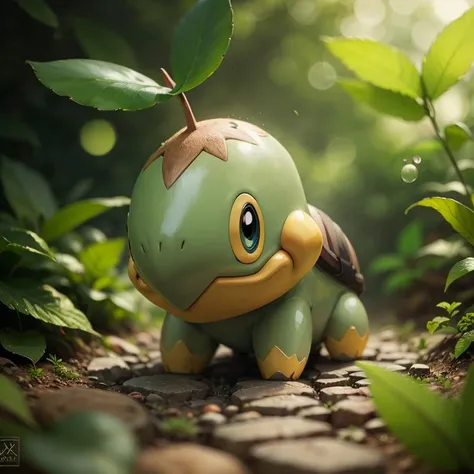 centered, award winning photo, (looking at viewer:1.2), | Turtwig_Pokemon, |garden, flowers, | bokeh, depth of field, cinematic composition, | <lora:Turtwig_Pokemon_Anime:0.8>