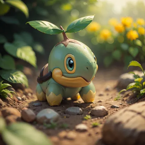 centered, award winning photo, (looking at viewer:1.2), | Turtwig_Pokemon, |garden, flowers, | bokeh, depth of field, cinematic composition, | <lora:Turtwig_Pokemon_Anime:0.8>