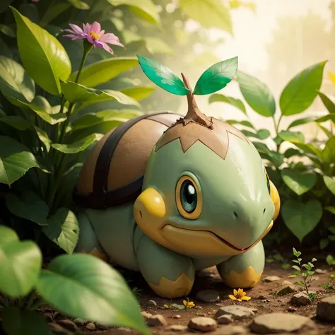 centered, award winning photo, (looking at viewer:1.2), | Turtwig_Pokemon, |garden, flowers, | bokeh, depth of field, cinematic composition, | <lora:Turtwig_Pokemon_Anime:0.8>