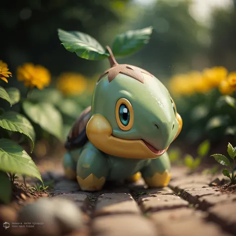 centered, award winning photo, (looking at viewer:1.2), | Turtwig_Pokemon, |garden, flowers, | bokeh, depth of field, cinematic composition, | <lora:Turtwig_Pokemon_Anime:0.8>