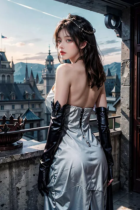 (masterpiece:1.5), high quality, realistic, natural emote, absurdres, 1girl, very long black hair, (high detailed green crystal eyes), emerald earing, soft lips, beauty face, smug, perfect body, ((large breasts)), princess, ((detailed white crown)), (((detailed black princess dress))), (((black gloves))), high heels, from back, looking away, black legwear, ass visible through thighs, big ass, thick thighs, balcony, high detailed mountainous golden castle with sunlight background, <lora:MengX girl_Mix_V40:1.5> <lora:ass_support_object_v0.2:0.88> ass support <lora:more_details:0.7> <lora:GoodHands-beta2:1.5>