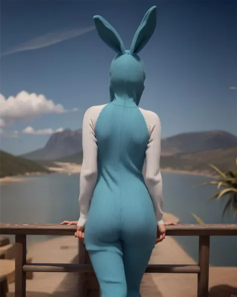 a woman climbing from rock to rock in the mountains (full body), beautiful eyes, beautiful girl, high detail skin, high detail eyes, high detail hair, highres, ultra detailed, Highly detailed,masterpiece, best quality, <lora:Bunny BrawlerPennyLoRA:1> penny, dressed, bunny, with, ears, smile
