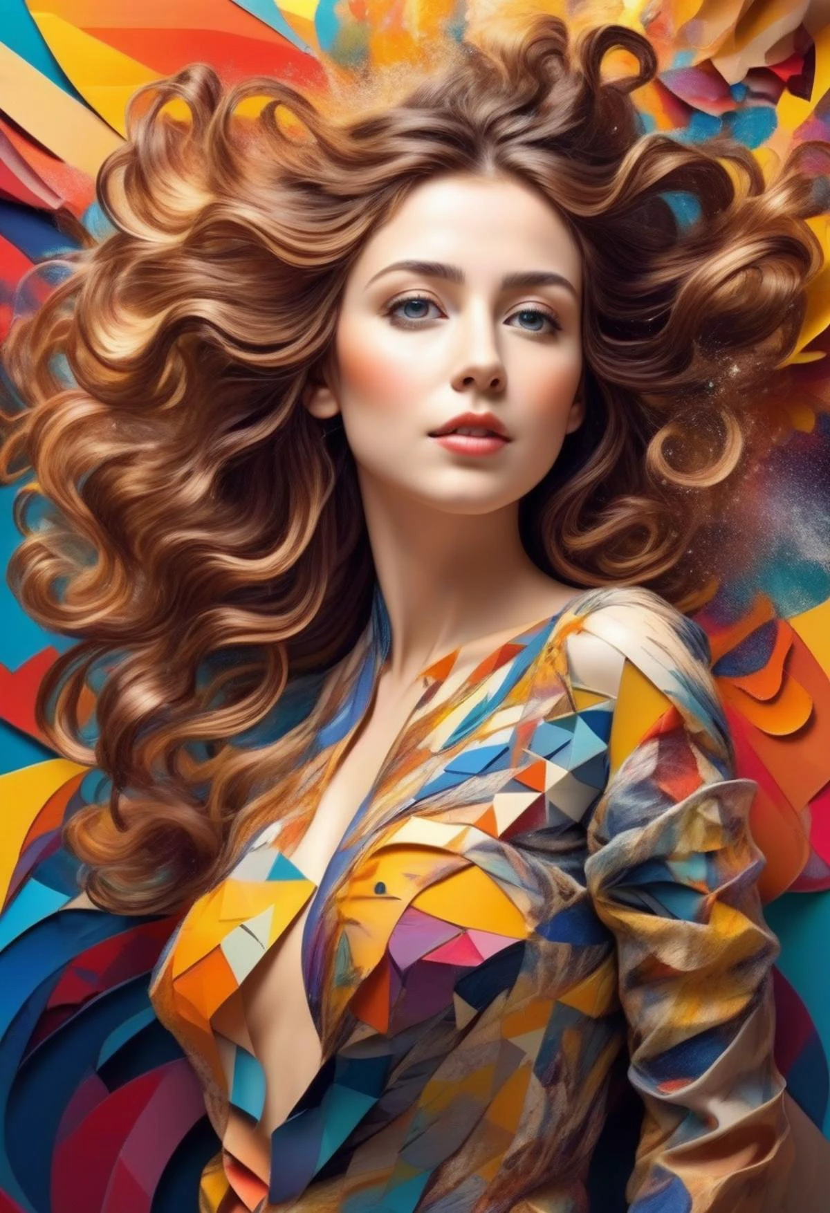 masterpiece, best quality, ultra high res, highly detailed, (realistic:1.4), 8k (full portrait), digital illustration style, abstract art-inspired photoshoot,
(style of Gustav Klimt:1.4), a beautiful woman striking a dynamic pose, face of exploding colors, papercut, origami
swirling, perfect brushwork, vibrant and contrasting colors blending harmoniously,
geometric shapes and patterns surrounding her, an explosion of creativity and imagination, perfect lighting, perfect shading