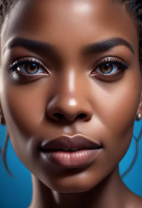 portrait, realistic, dynamic pose, a brazilian black woman with brown eyes with a blue background,
extremely high quality RAW photograph, detailed background,
highly detailed, ultra detailed photograph, warm lighting, 4k, sharp focus, high resolution, detailed skin, detailed eyes, 8k uhd, dslr, high quality, film grain, Fujifilm XT3,