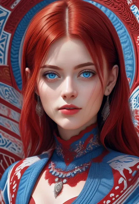 a woman with blue eyes and red hair with a red background and a red and blue background with a red and white design,
extremely high quality RAW photograph, detailed background, intricate, 
Exquisite details and textures, highly detailed, ultra detailed photograph, warm lighting, 4k, sharp focus, high resolution, detailed skin, detailed eyes, 8k uhd, dslr, high quality, film grain, Fujifilm XT3,