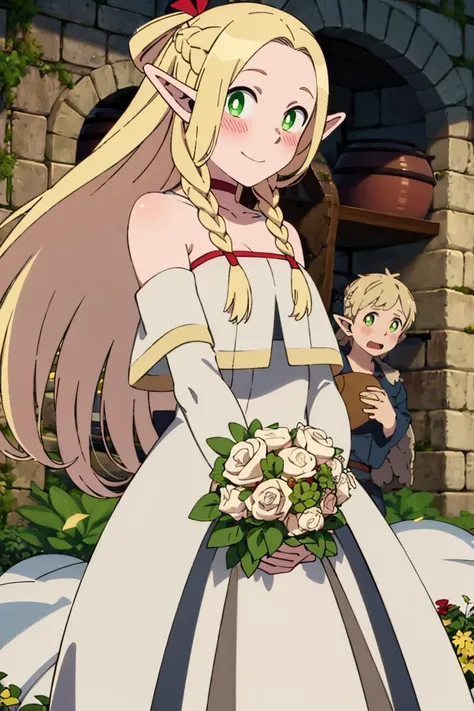 ((masterpiece,best quality)), absurdres,
<lora:Marcille_Donato_DungeonMeshi_Screenshots:0.8>, Marcille_Donato_DungeonMeshi,
1girl, solo, blonde hair, long hair, twin braids, elf, pointy ears, green eyes,
(floating hair:1.2),
bride, wedding dress, (white dress:1.2), strapless dress, elbow gloves, holding bouquet,
solo, smile, blush, looking at viewer, side view,