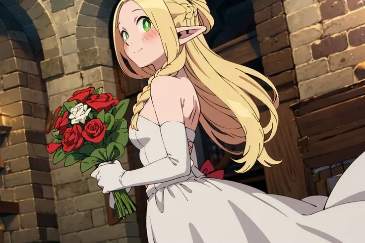 ((masterpiece,best quality)), absurdres,
<lora:Marcille_Donato_DungeonMeshi_Screenshots:0.8>, Marcille_Donato_DungeonMeshi,
1girl, solo, blonde hair, long hair, twin braids, elf, pointy ears, green eyes,
(floating hair:1.2),
bride, wedding dress, (white dress:1.2), strapless dress, elbow gloves, holding bouquet,
solo, smile, blush, looking at viewer, side view,