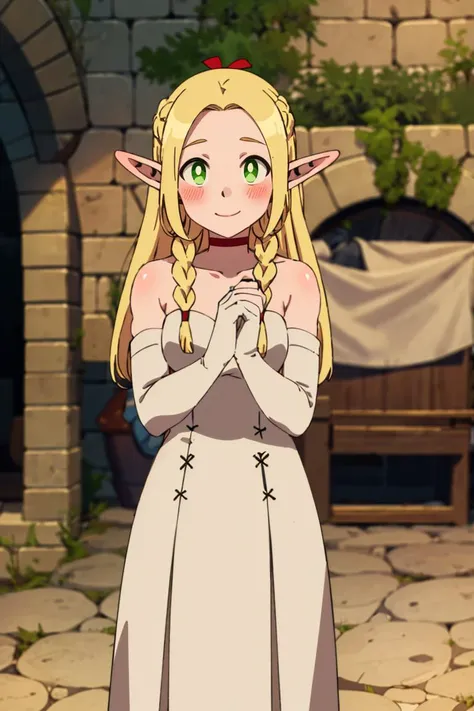 ((masterpiece,best quality)), absurdres, <lora:Marcille_Donato_DungeonMeshi_Screenshots:0.8>, Marcille_Donato_DungeonMeshi, 1girl, solo, blonde hair, long hair, twin braids, elf, pointy ears, green eyes, solo, smile, blush, looking at viewer, bride, wedding dress, bridal veil, strapless dress, elbow gloves,
