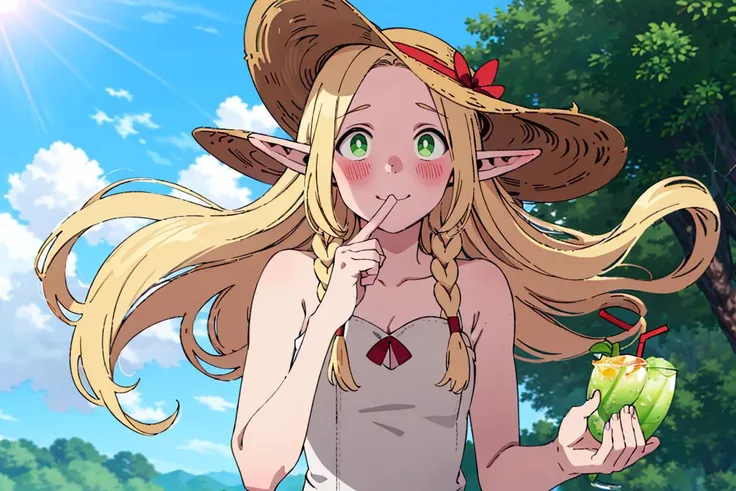 ((masterpiece,best quality)), absurdres,
<lora:Marcille_Donato_DungeonMeshi_Screenshots:0.8>, Marcille_Donato_DungeonMeshi,
1girl, solo, blonde hair, long hair, twin braids, elf, pointy ears, green eyes,
(floating hair:1.2),
(vivid detailed tropical drink, two straws,( white sundress:1.1), sun hat,:1.1), flowing winds, sunny, outdoors, upper body,
solo, smile, blush, looking at viewer, side view,